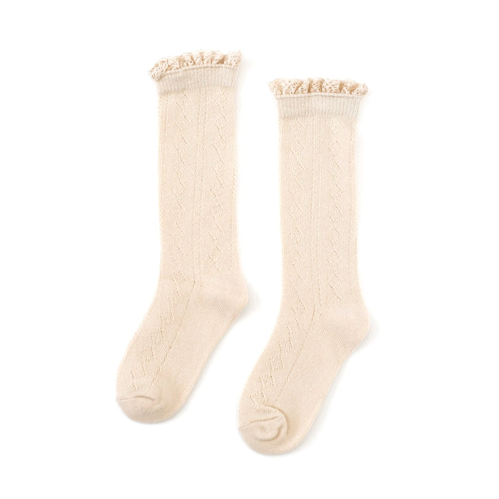 Vanilla Lace Top Cable Knit Knee High Socks