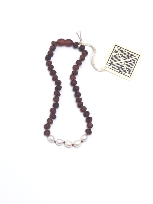 Raw Cognac Baltic Amber & Pearl Necklace