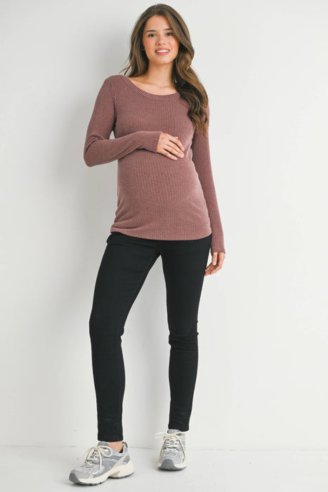 Red Brown Scoop Neck Ribbed Long Sleeve Maternity Top