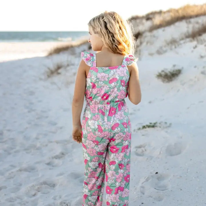Mint & Pink Flower Button Ruffle Summer Pocket Jumpsuit