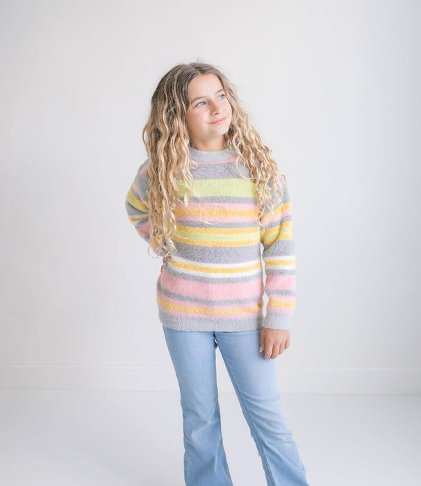 Girls Harper Stripe Fuzzy Crew Neck Fall Winter Sweater