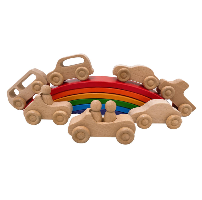 7 Pcs Natural Wooden Cars Set with 3 Peg Dolls