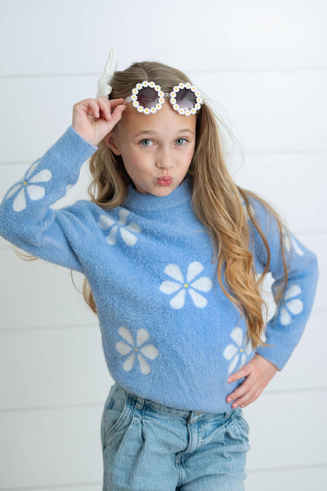 Girls Harper Blue & White Daisy Fuzzy Crew Neck Fall Sweater