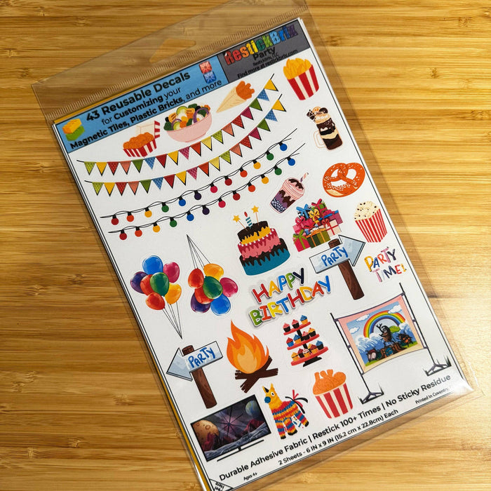 Party: Reusable Decals for Customizing Magnetic Tiles, Plastic Bricks, and more