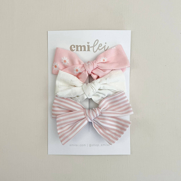 Pink Daisy & Stripe Bow Headbands & Clips | Set of 3