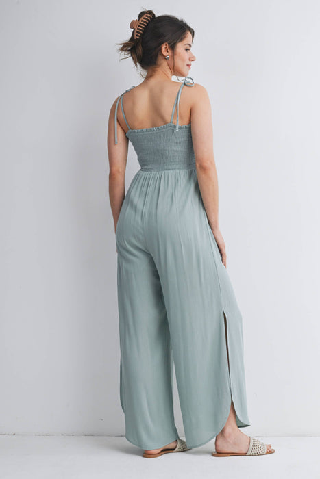 Smocked Maternity Wide Leg Jumpsuit with Adjustable Strap