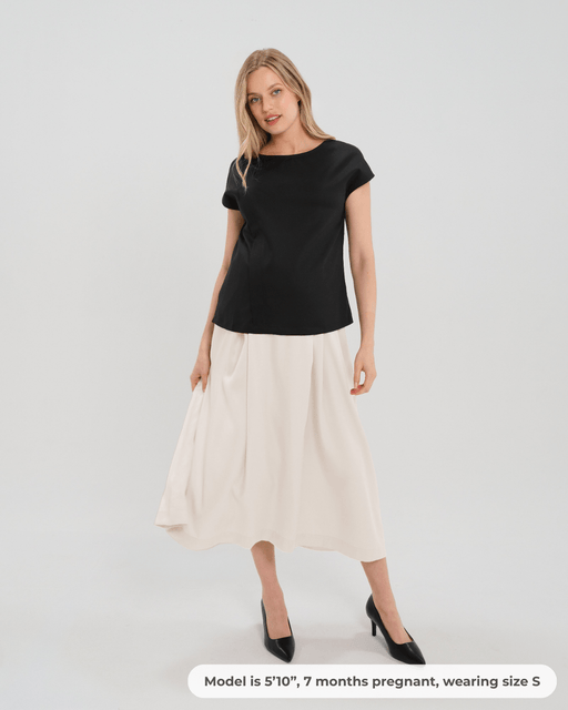 Over-Under Bump Pleated Maternity Maxi Skirt in Cream Satin - Nature Baby Outfitter