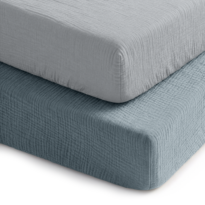 Muslin Fitted Crib Sheets, 2 Pack in Pacific Blue and Heather