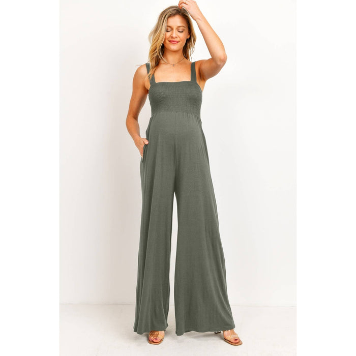 Army Green Sleeveless Smocked Maternity Wideleg Jumpsuit