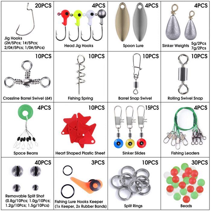 188Pcs Fishing Accessory Kit Portable Fishing Set Including Jig Hooks Sinker Weights Spoon Lure Removable Split Shot w/ Tackle Box