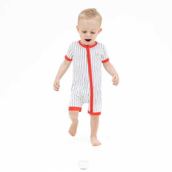 Baseball Stripe Shortie 2 Way Zipper Romper