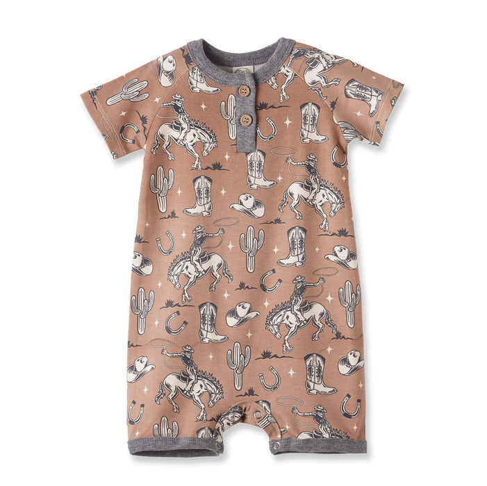 Wild Wrangler/Brown Western Bamboo Shorty Romper for Boys - Nature Baby Outfitter