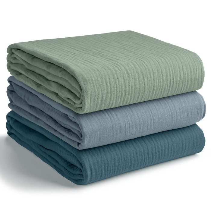 Muslin Swaddle Blankets, 42” x 42” in Neptune, Pacific Blue, Fern, Pack of 3