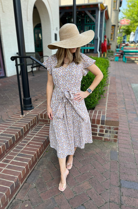 Belted Midi with Pockets- Beige Floral