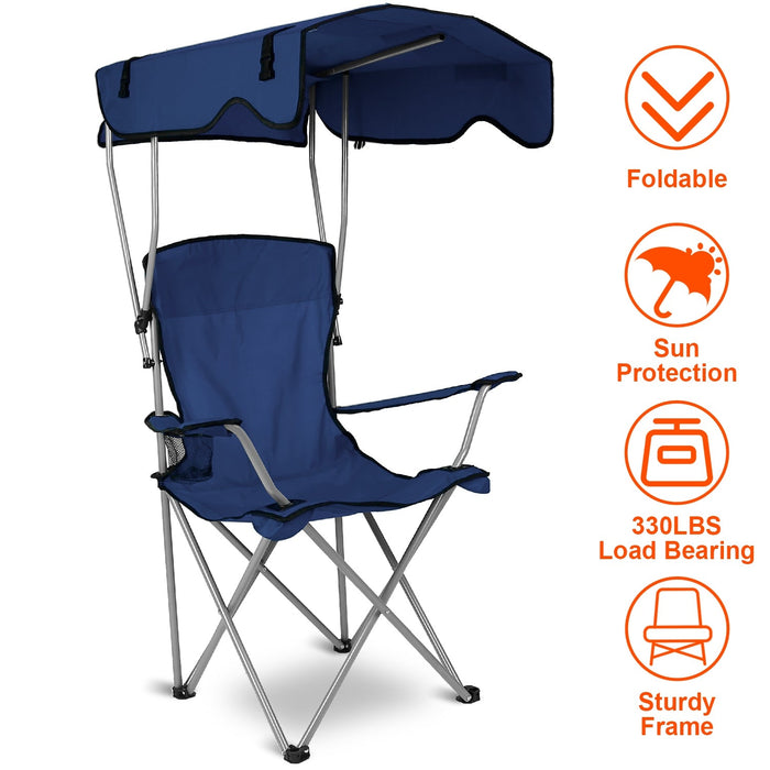 Foldable Beach Canopy Chair Sun Protection Camping Lawn Canopy Chair 330LBS Load Folding Seat w/ Cup Holder For Beach Poolside Travel Picnic