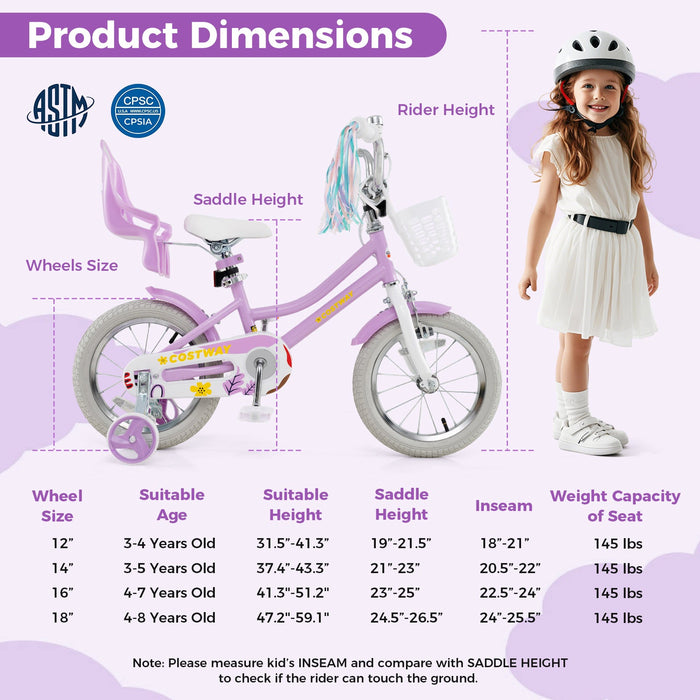 14 Inch Girls Bike Kids Bicycle with Doll Seat and Streamers for Children 3-5 Years Old
