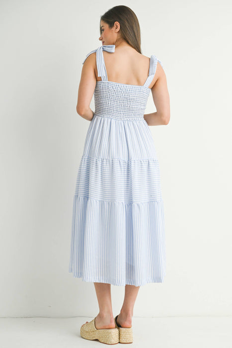 Chambray Striped Ruffle Tiered Maternity Midi Dress