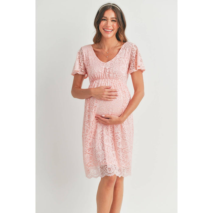 Pink V-Neck Lace Short Sleeve Maternity Dress