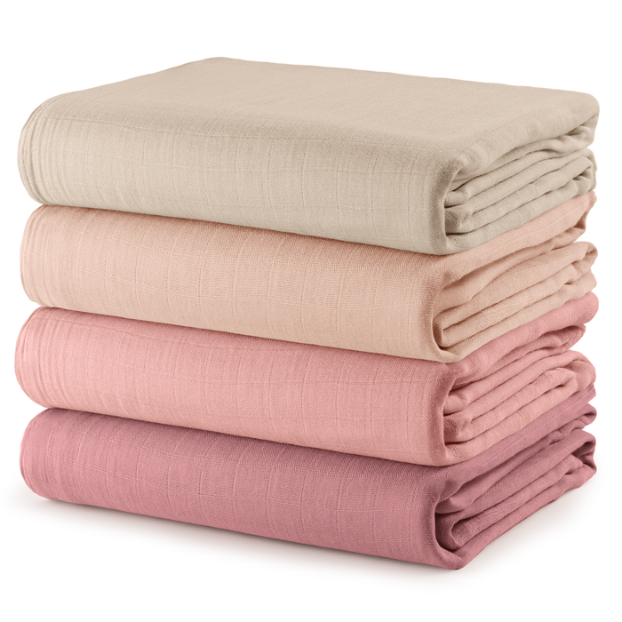 Muslin Swaddle Blankets 47” x 47” in Cream, Blush, Bold Blush, Mauve, 4 Pack