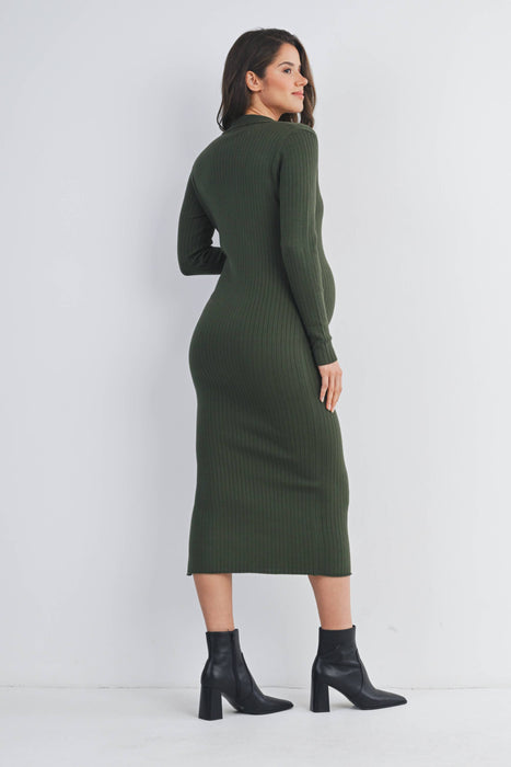 Olive Ribbed Long Sleeve Maternity Collared Midi Dress