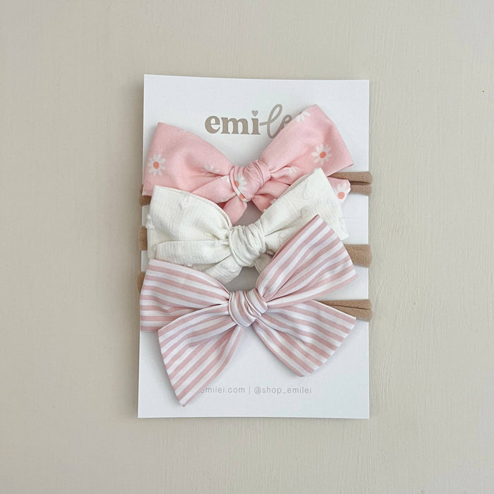 Pink Daisy & Stripe Bow Headbands & Clips | Set of 3