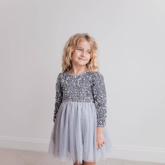Kids Sequin Silver Fancy Sparkle Tulle Holiday Party Dress