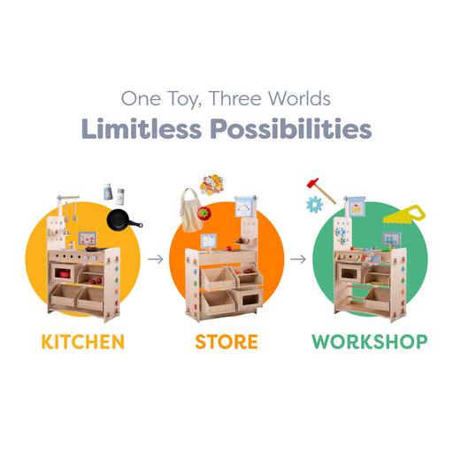 Creative Play 3 in 1 – Play Kitchen, Store & Workshop - Nature Baby Outfitter