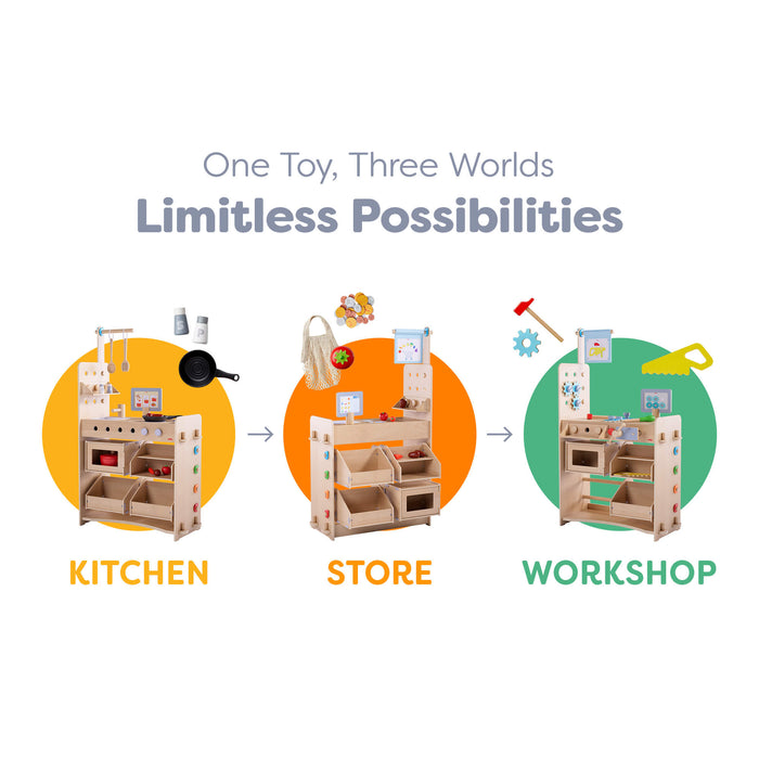 Creative Play 3 in 1 – Play Kitchen, Store & Workshop - Nature Baby Outfitter