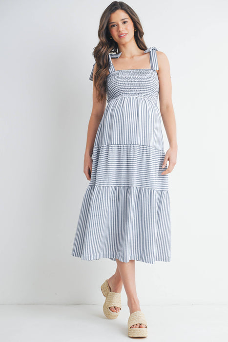 Chambray Striped Ruffle Tiered Maternity Midi Dress