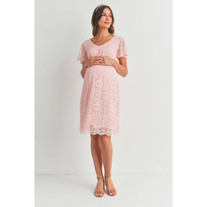 Pink V-Neck Lace Short Sleeve Maternity Dress