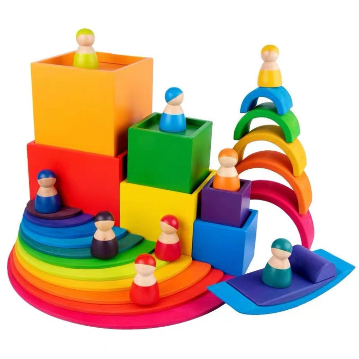 12-Piece Rainbow Wooden Peg Dolls – Primary Color