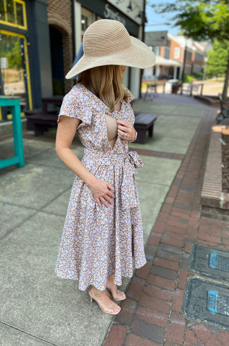 Belted Midi with Pockets- Beige Floral
