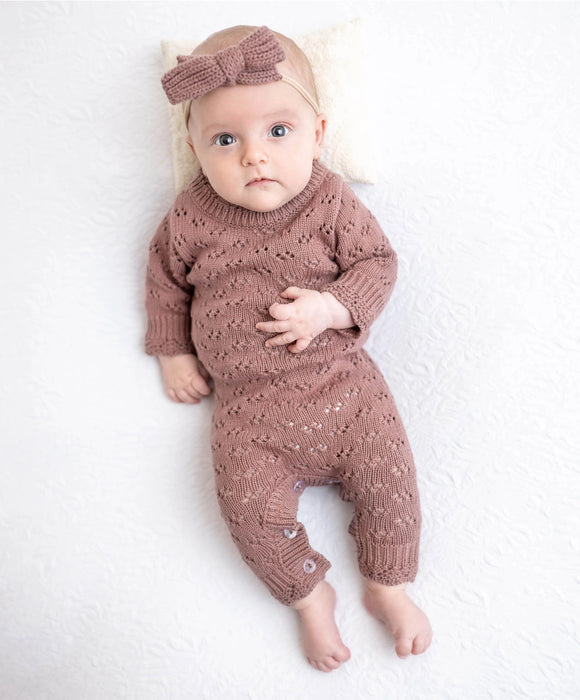 Plum Grace Knit Romper with Bonnet Outfit