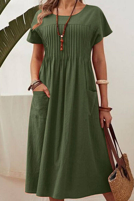 Pocket Pleated Cotton and Linen Dress