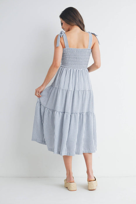Chambray Striped Ruffle Tiered Maternity Midi Dress