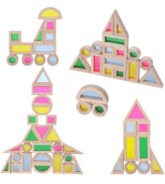 24 Pcs Rainbow Acrylic Sensory Wooden Building Blocks