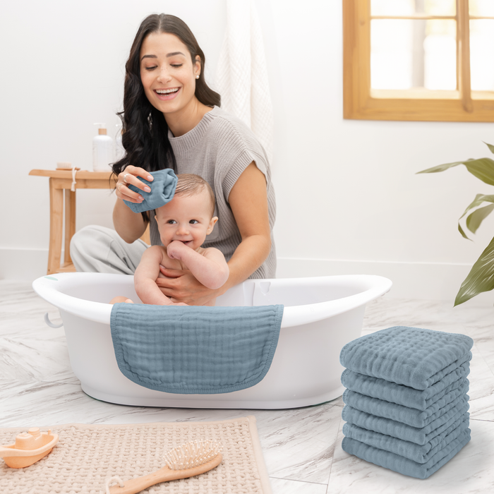 Muslin Washcloths in Pacific Blue