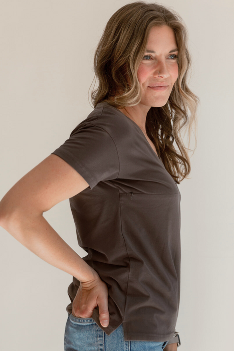 FINAL SALE V-Neck Full Zip Breastfeeding Tee - Gray - Nature Baby Outfitter