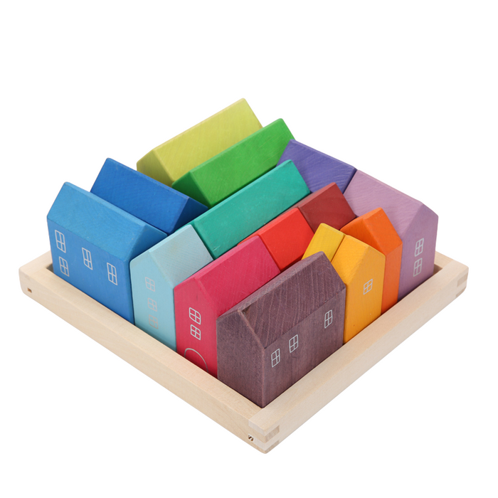 15-Piece Stained Little Village Wooden House Building Blocks Se