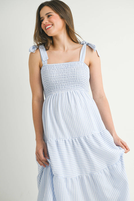 Chambray Striped Ruffle Tiered Maternity Midi Dress