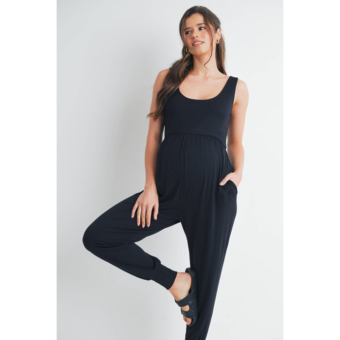 Black Scoop Neck Maternity Jogger Jumpsuit