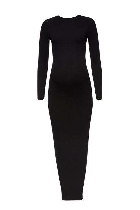 Black Soft Rib Maxi Long Sleeve Dress