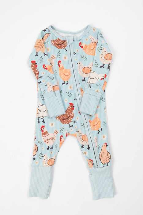 Blue Chickens & Blooms Ribbed Cotton Zippy Pajamas