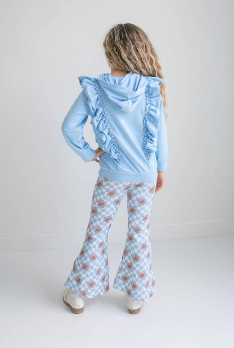 Girls Evie Blue Double Ruffle Hoodie & Retro Check Pant Set