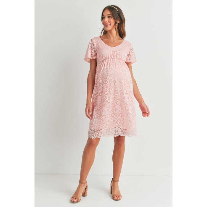 Pink V-Neck Lace Short Sleeve Maternity Dress