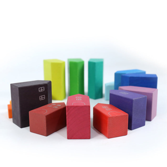 15-Piece Stained Little Village Wooden House Building Blocks Se