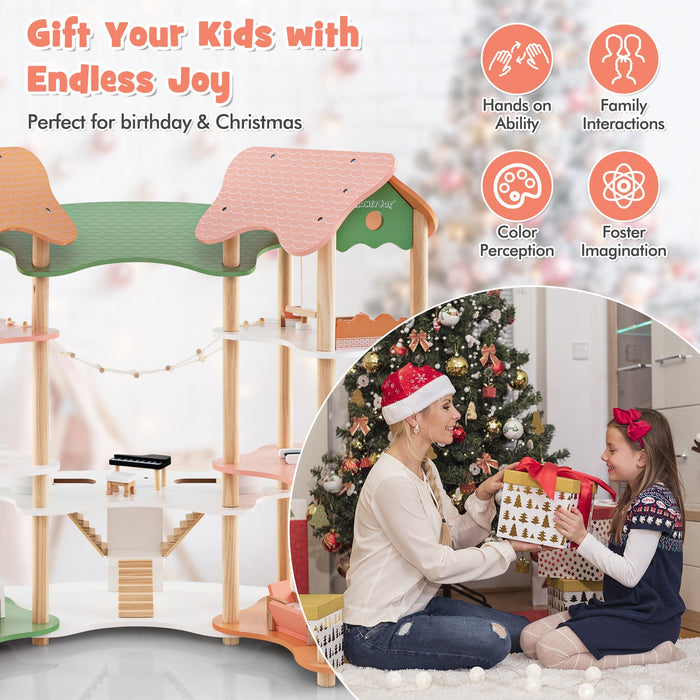 3-Tier Wooden Dollhouse for Kids Aged 3-8 Years Old with 32 Pieces of Accessories-Multicolor