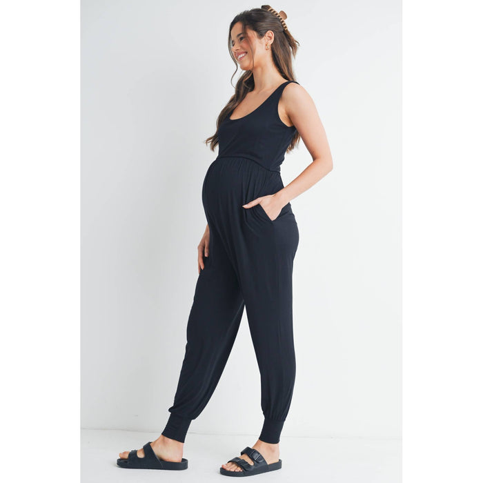 Black Scoop Neck Maternity Jogger Jumpsuit