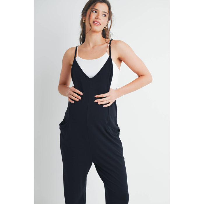 Black V Neck Maternity Jogger Jumpsuit