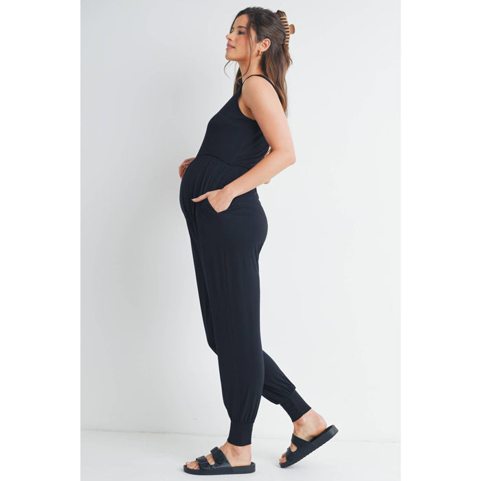 Black Scoop Neck Maternity Jogger Jumpsuit
